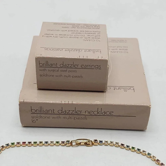 Avon 1985 Brilliant Dazzler Necklace Earrings Set Pastel Rhinestone 18 in - Picture 2 of 5
